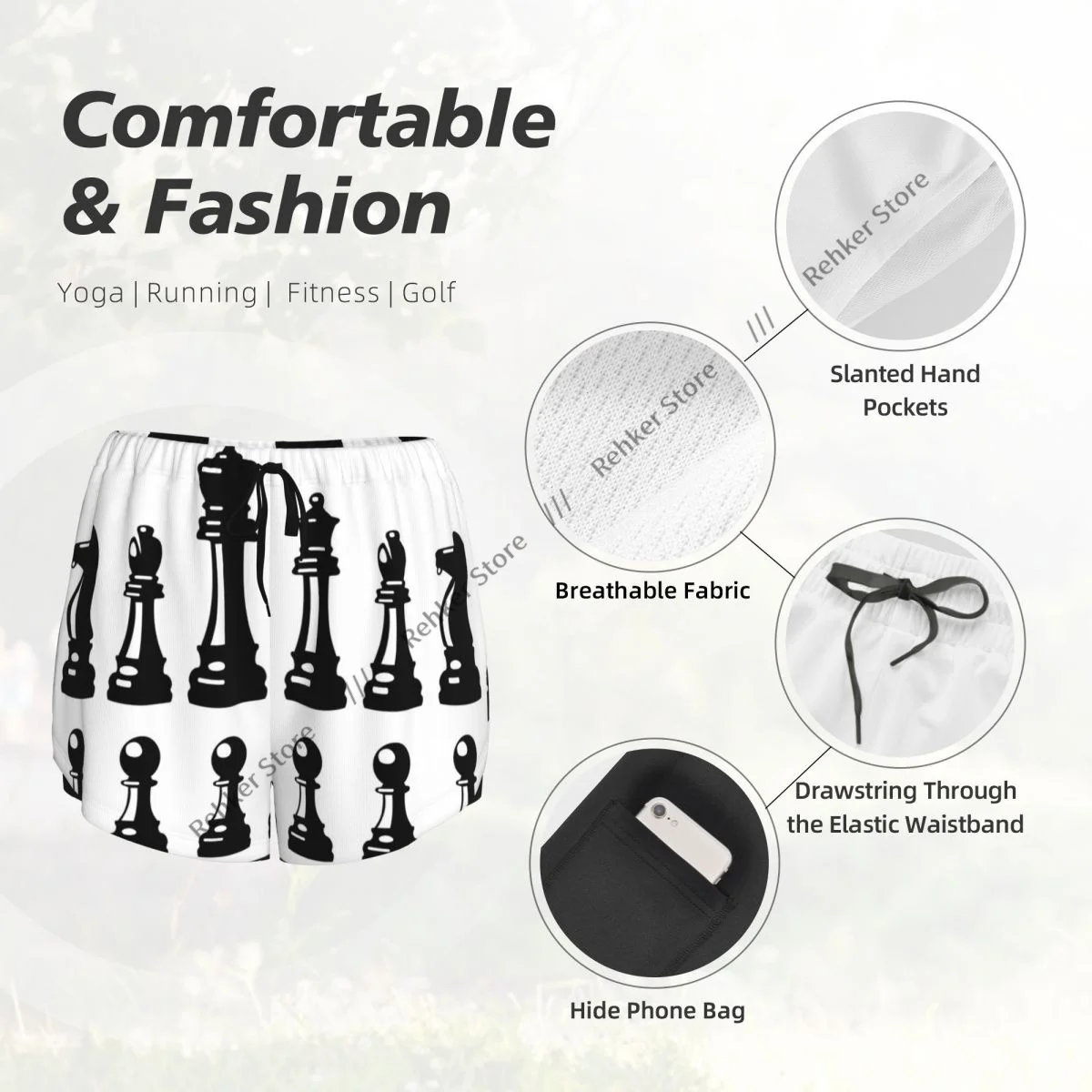 Pantaloncini da yoga per donna Pantaloncini da fitness Pantaloncini sportivi da allenamento per motociclisti Pezzi degli scacchi in bianco e nero Abbigliamento sportivo ad asciugatura rapida con tasca