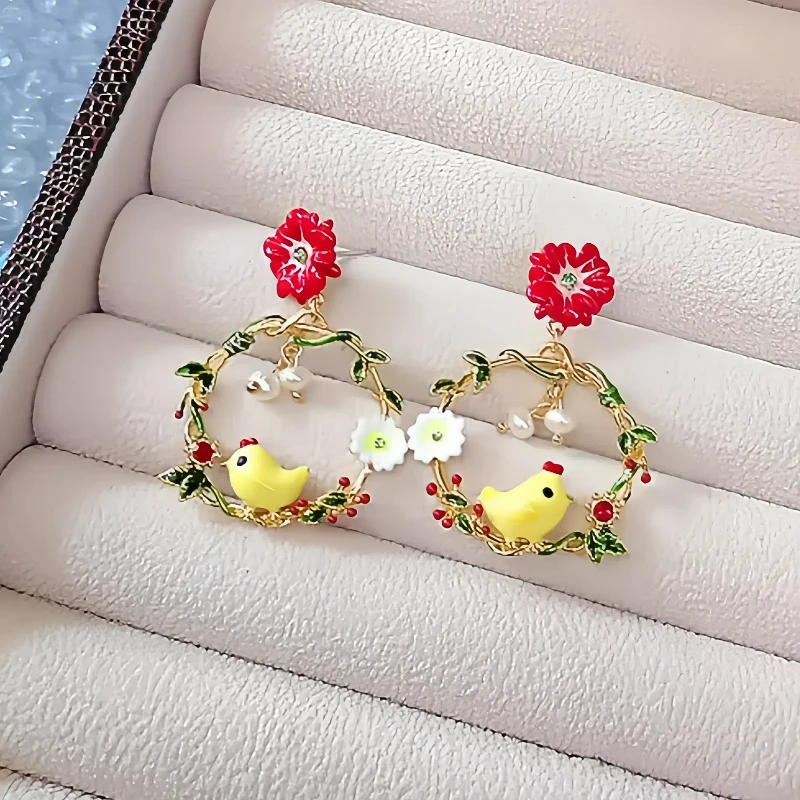 

2024 New Arrival Hand-painted Enamel Cute Little Yellow Chicken Charm Garland Dangles Freshwater Pearl Mini Red Fruits Earrings