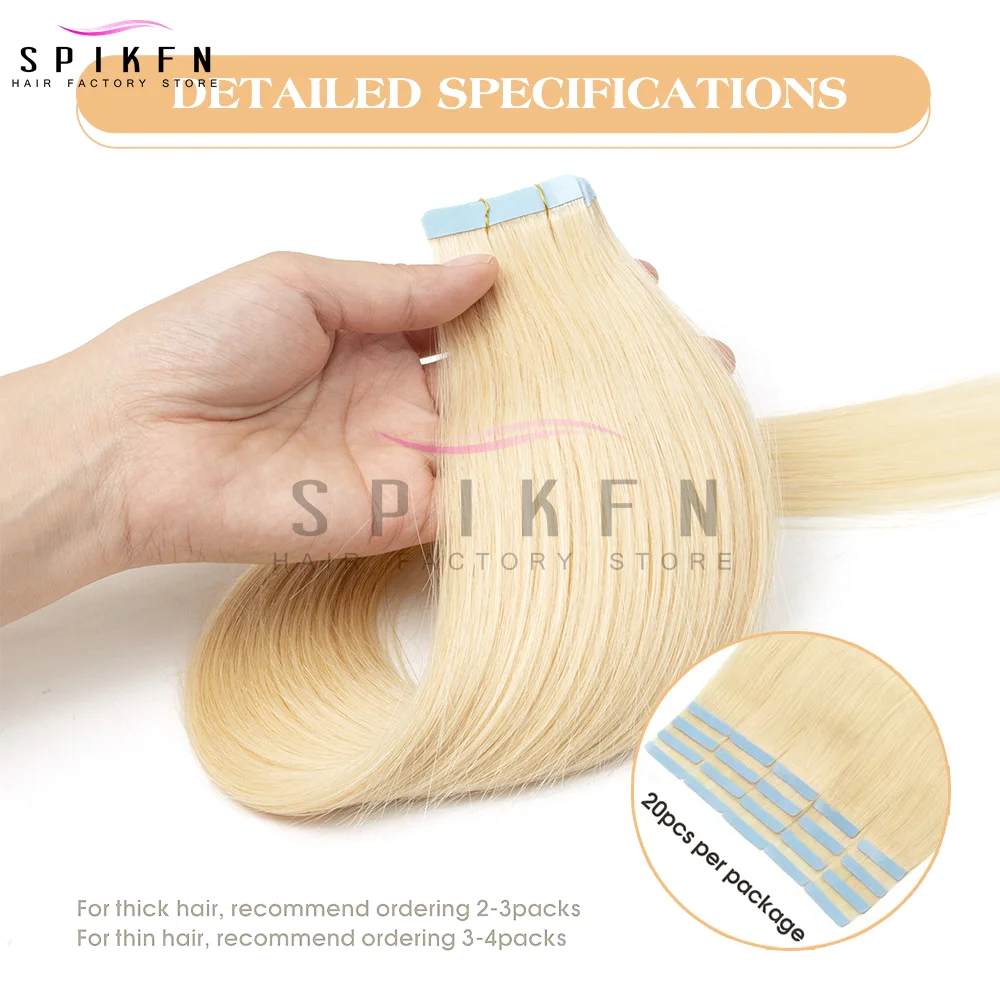 12-24인치 인모 테이프 익스텐션, 심리스 내추럴 스트레이트, 20개/팩, 30g 테이프, 금발, 간편 착용