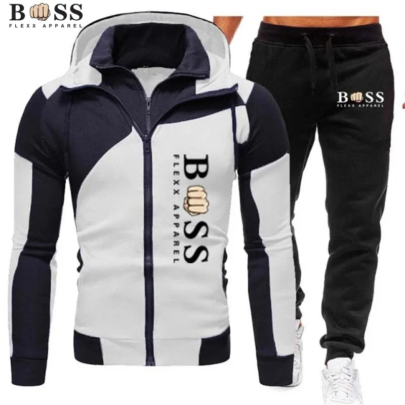 Męski strój sportowy fitness casual strój do joggingu strój outdoorowy bluza z kapturem na zamek + czarne spodnie dresowe moda wiosenna nowa odzież uliczna S-3XL