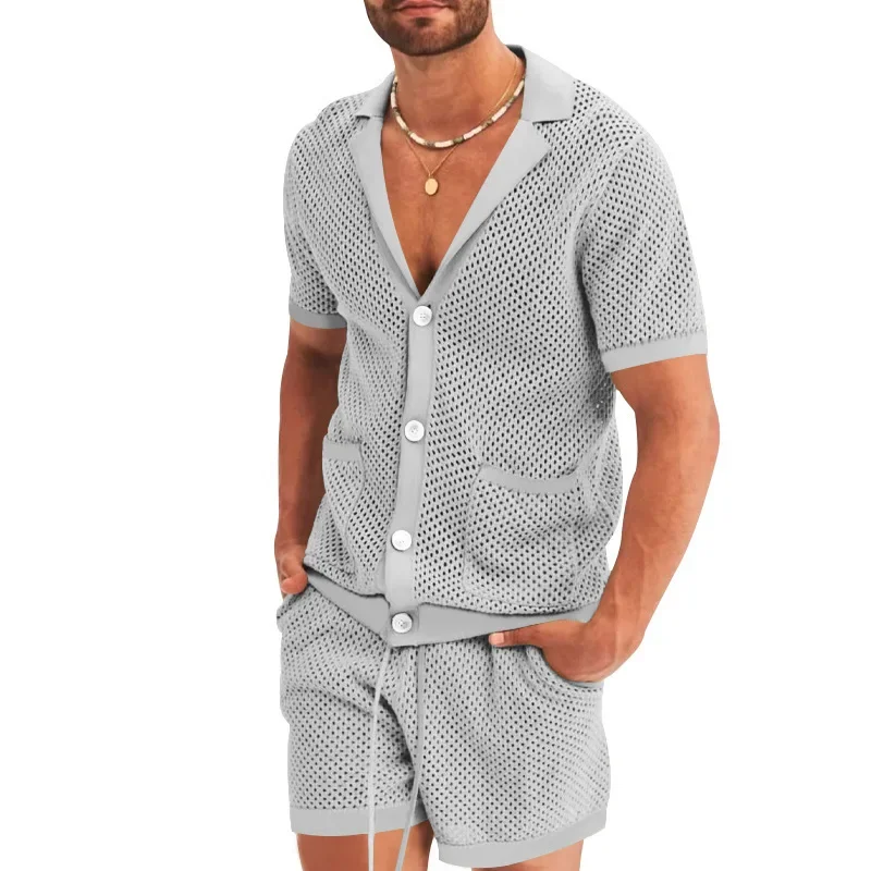 Summer New Men Shorts Mesh Hollow Out Knitted Casual Sports Lapel T-Shirt Short Sleeve Solid Beach Suit Men's 2 Pieces Set Suits