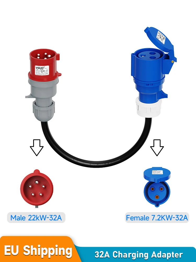 AFEEV Elektrofahrzeug-Ladeadapter 22kW auf 7kW 3-Phasen auf 1-Phasen CEE 5-Pin Rot Stecker auf 3-Pin Blau Buchse 32A Anschluss