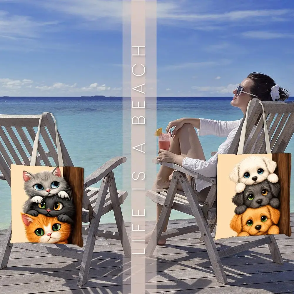Cute Animals Stacking Game Storage Bags Aesthetic Floral Canvas Tote Bag: Large Reversible Everyday Shoulder Purse