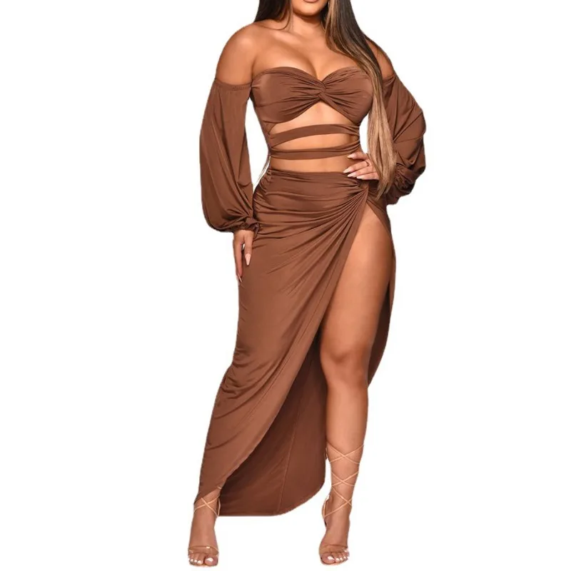 Long Sleeve Off Shoulder Slit Party Club Dress  Two Piece Set Long Sleeve Hollow Out Lace Crop Top Twist Side Split Skirts