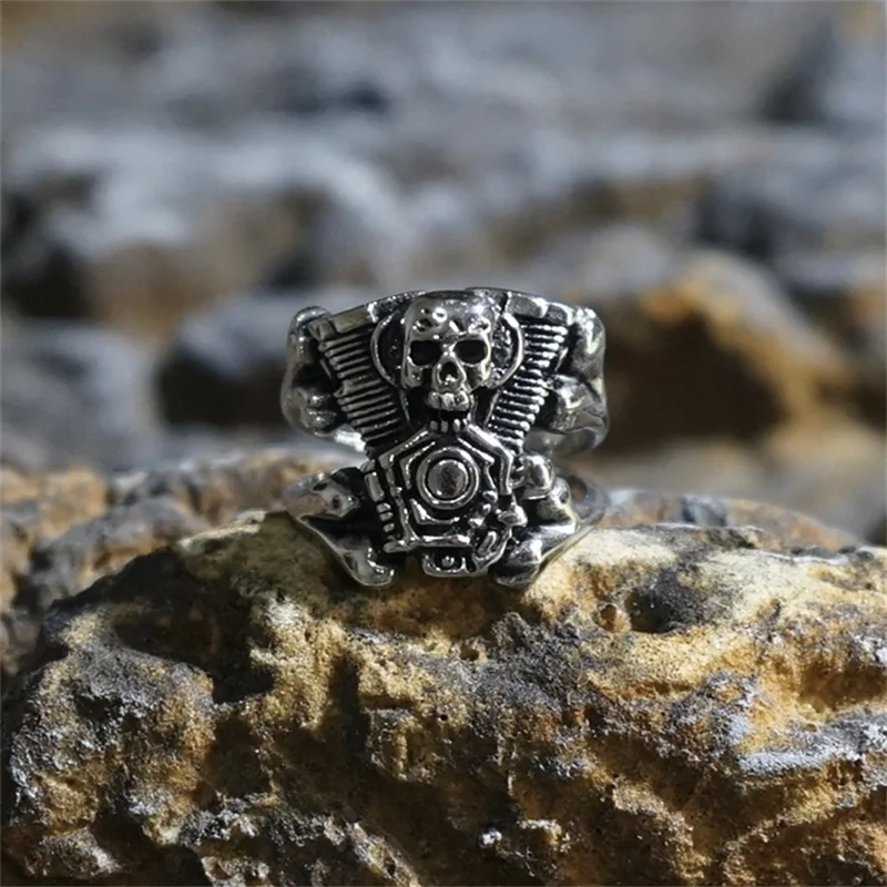 Skull Engine Bone Vintage Unisex Ring Stainless Steel Gift For Men Skeleton Unique Fashion Punk Simple Gothic Jewelry  Wholesale