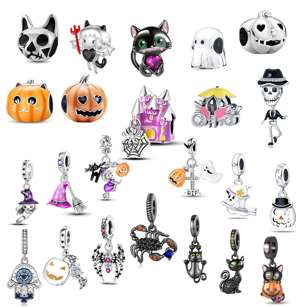 Happy Halloween 925 Sterling Silver Pumpkin Black Cat Ghost Witch Bead Pendant Fit Pandora Bracelet Holiday Decoration Souvenirs