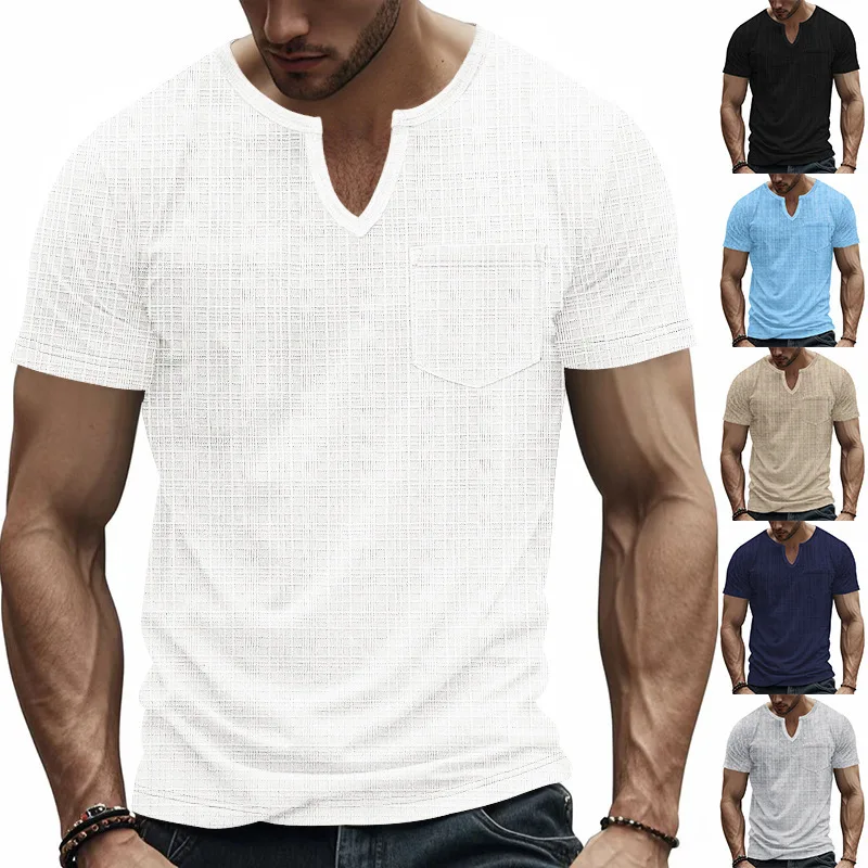 American Summer Men's T-shirt Imitation Hemp Bamboo Joint Loose Breathable Sports Leisure V-neck Design Short Sleeve