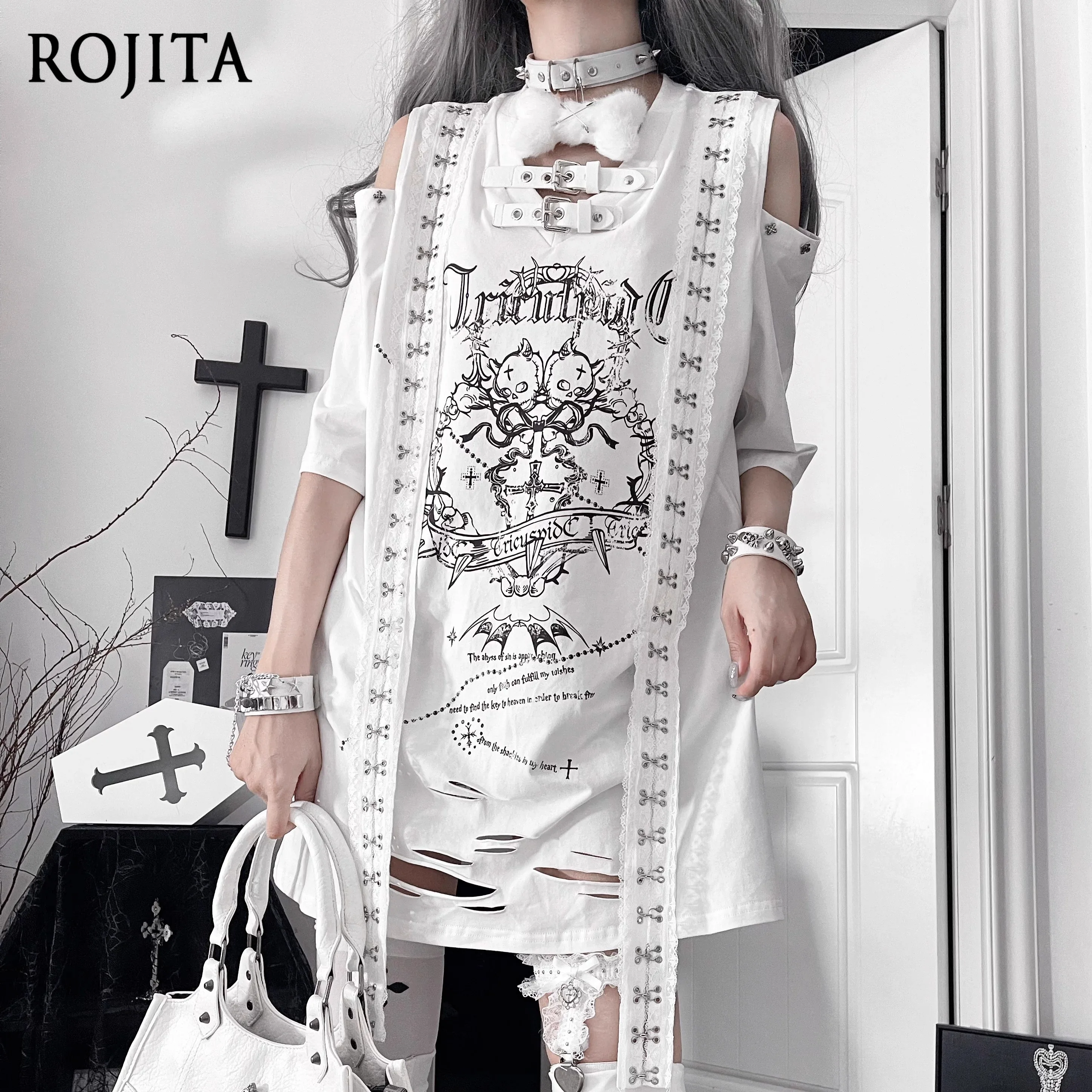 

Fashion Printed Subculture Dark Loose Short Sleeve Off-Shoulder T-Shirt Women Clothing Cotton Mid-Length Women T-Shirt