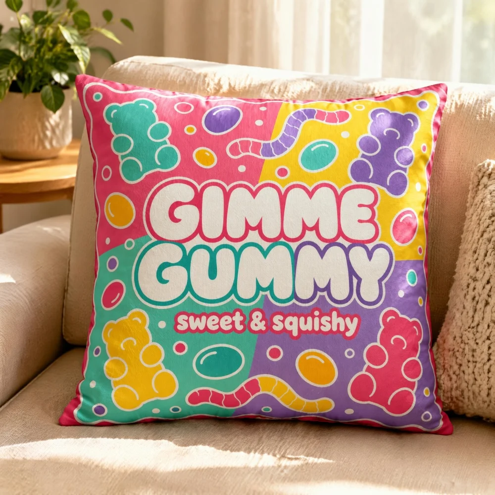 Full Filled Decor Throw Pillow Cartoon Gummy Bear Jelly Candy Color Block Pattern Square Complete Cushion for Girls Sofa Decor