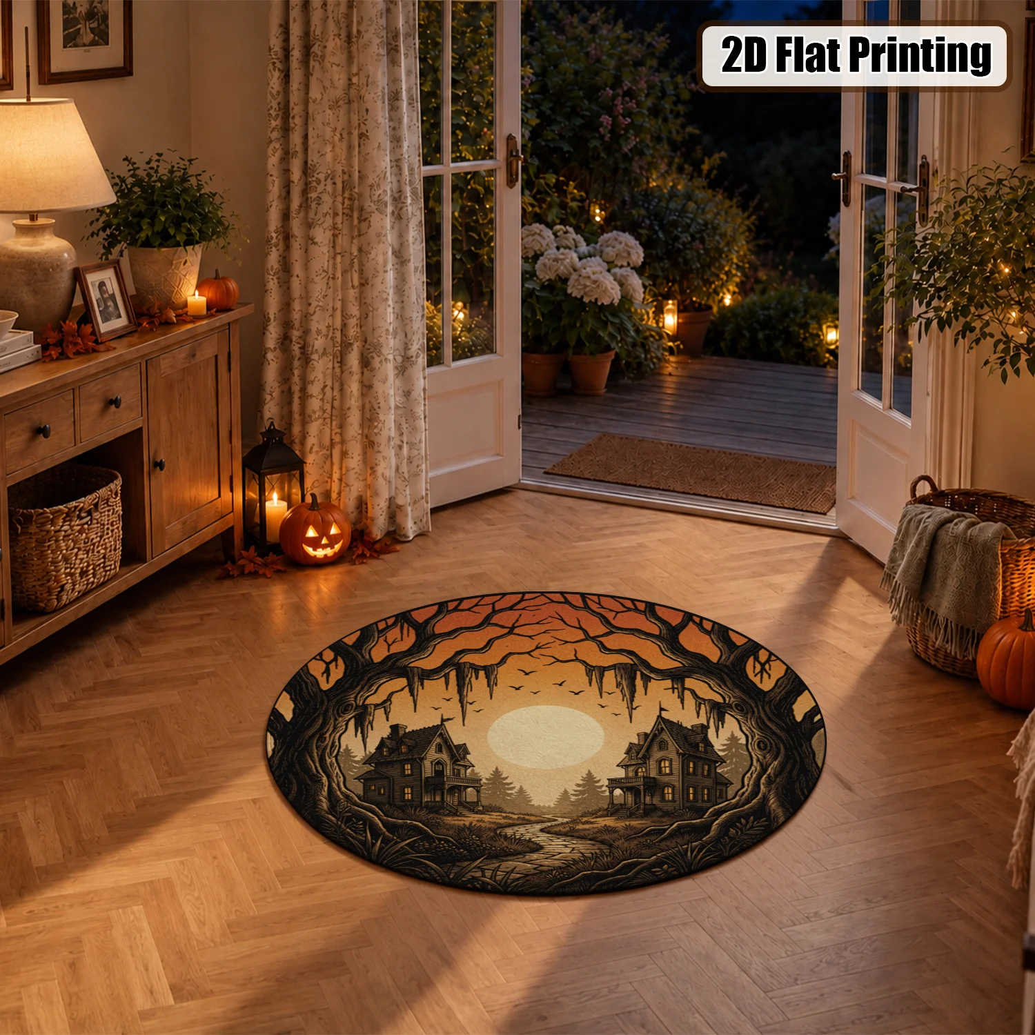 Spooky Haunted Mansion Forest Full Moon Circular Pattern Round Area Rug Velvet Machine Washable for Living Room Bedroom Entryway Dining Room Halloween Thanksgiving Black Friday Cyber Monday Christmas New Year