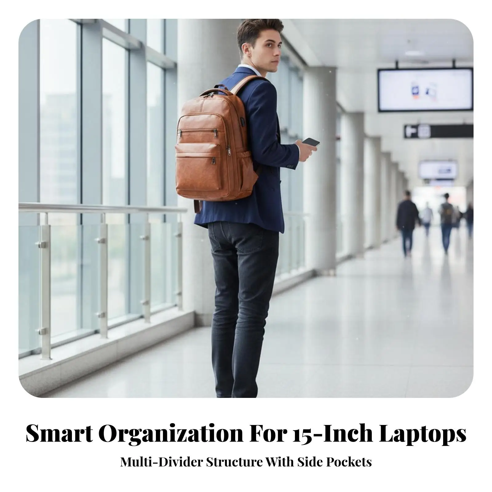 Waterproof Men Rucksack with Laptop Compartment 15 Inch PU Leather Daypack for Cycling Work