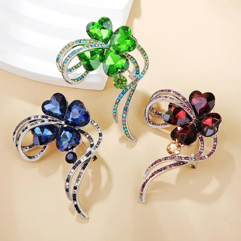 Fashion Rhinestone Crystal Four Leaf Clover Brooches For Women Clothing Coat Jewelry Accessries Gifts