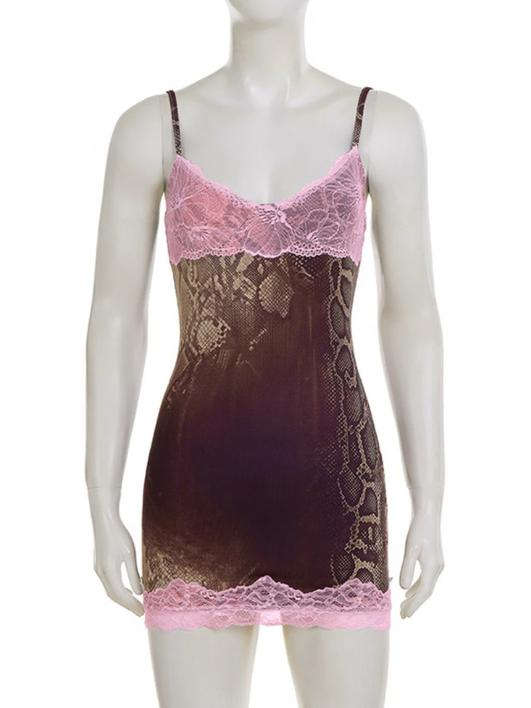 SsTss nueva moda vestido con estampado de serpiente para mujer Sexy encaje transparente Patchwork sin mangas espalda descubierta ceñido al cuerpo Mini vestido de fiesta y discoteca