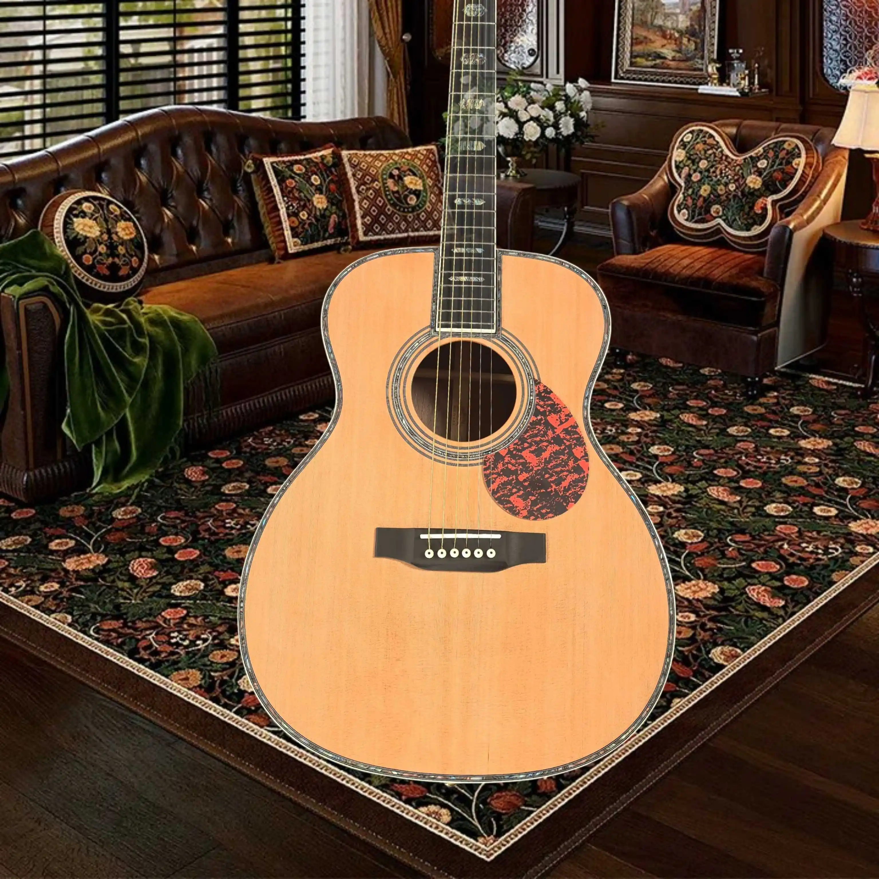 OM45 Style Red Cedar Acoustic Guitar Colorful Stripes Pearl Inlays Spruce Body Warm Solid Tone Rich Mids Perfect Fingerstyle