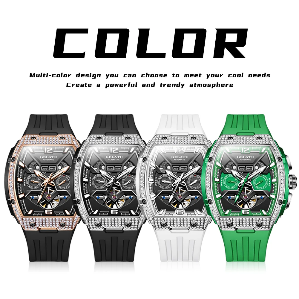 GELATU 6016 Men\'s Watches Full Diamond Hollow Out Skeleton Automatic Mechanical Watch for Men Original Silicone Strap Watch Men