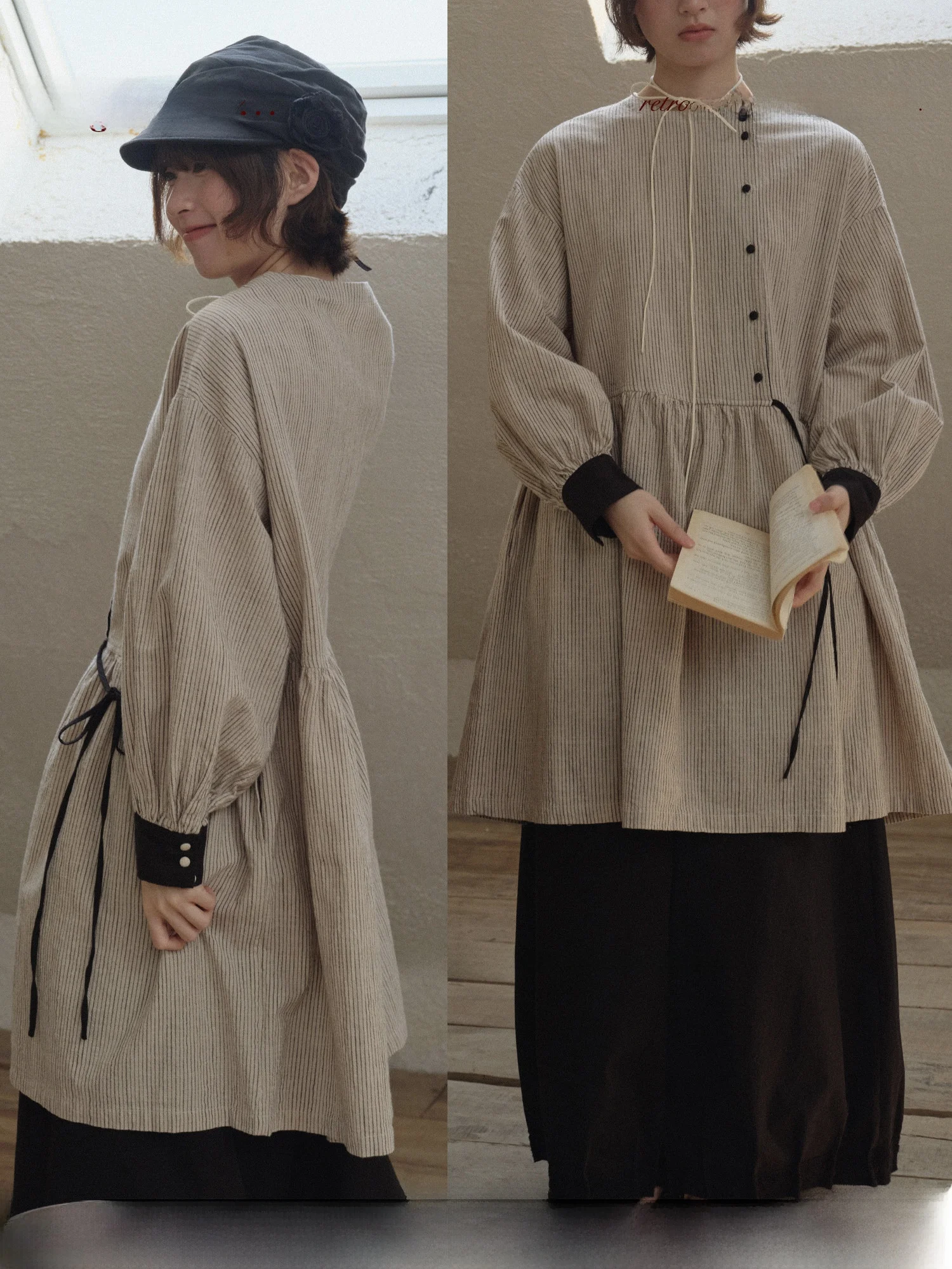 

TONGTIONG Artistic Long Sleeve Cotton Linen Women's Shirt Loose Fit Striped Design Spring Fashionable Top