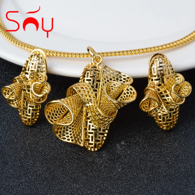 Sunny Jewelry Set Earrings Pendent Necklace Copper 18k Gold Plated Geometric Exaggerate For Women Daily Wear Wedding Party Gift