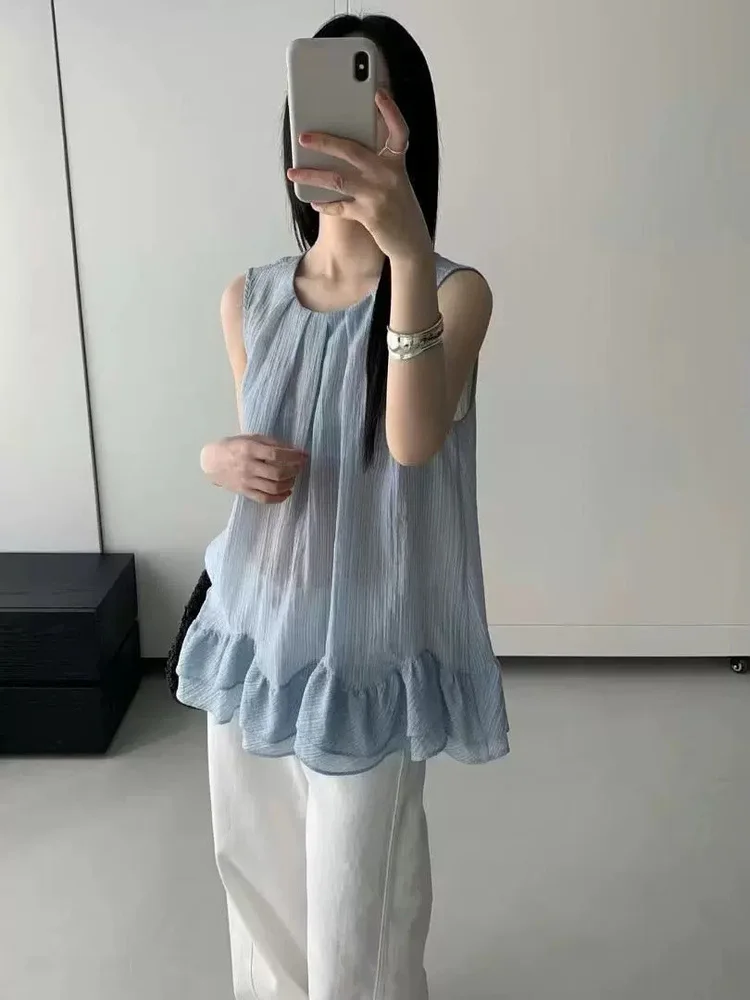 

Sweet Sle Svel Ruffle Hem Top Dongdaemun Fre Loose Doll irt Age Reduction Vest Small irt Qui very