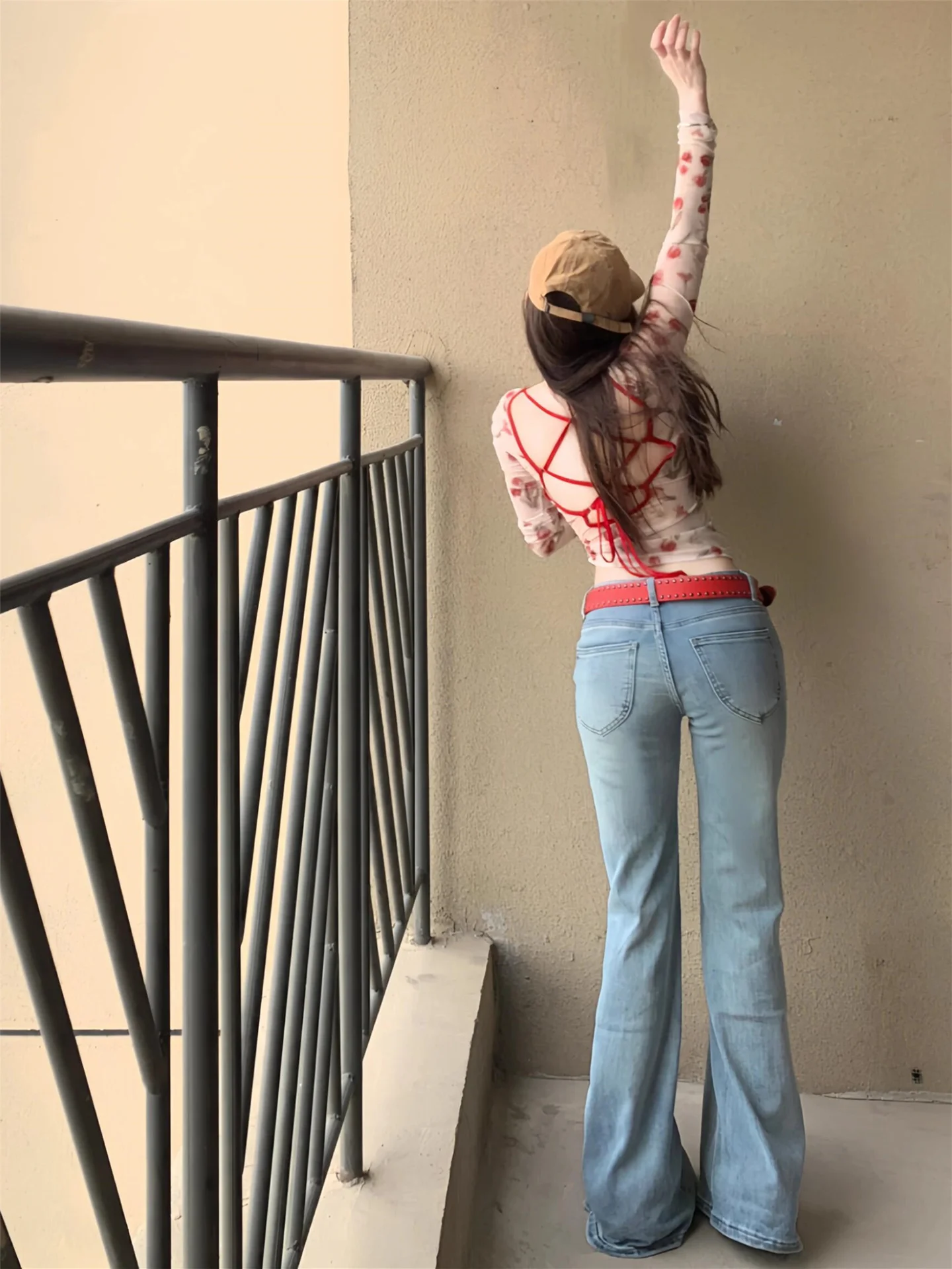 

Light Blue Low Waist Flared Jeans Women's Loose Slimming Tall Extended Non-Matching Leg Casual Floor-Length Pants