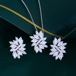 CWWZircons Delicate White Cubic Zirconia Women Big Leaf Necklace Pendant and Earring Sets Wedding Bridesmaids Jewelry Gift T050