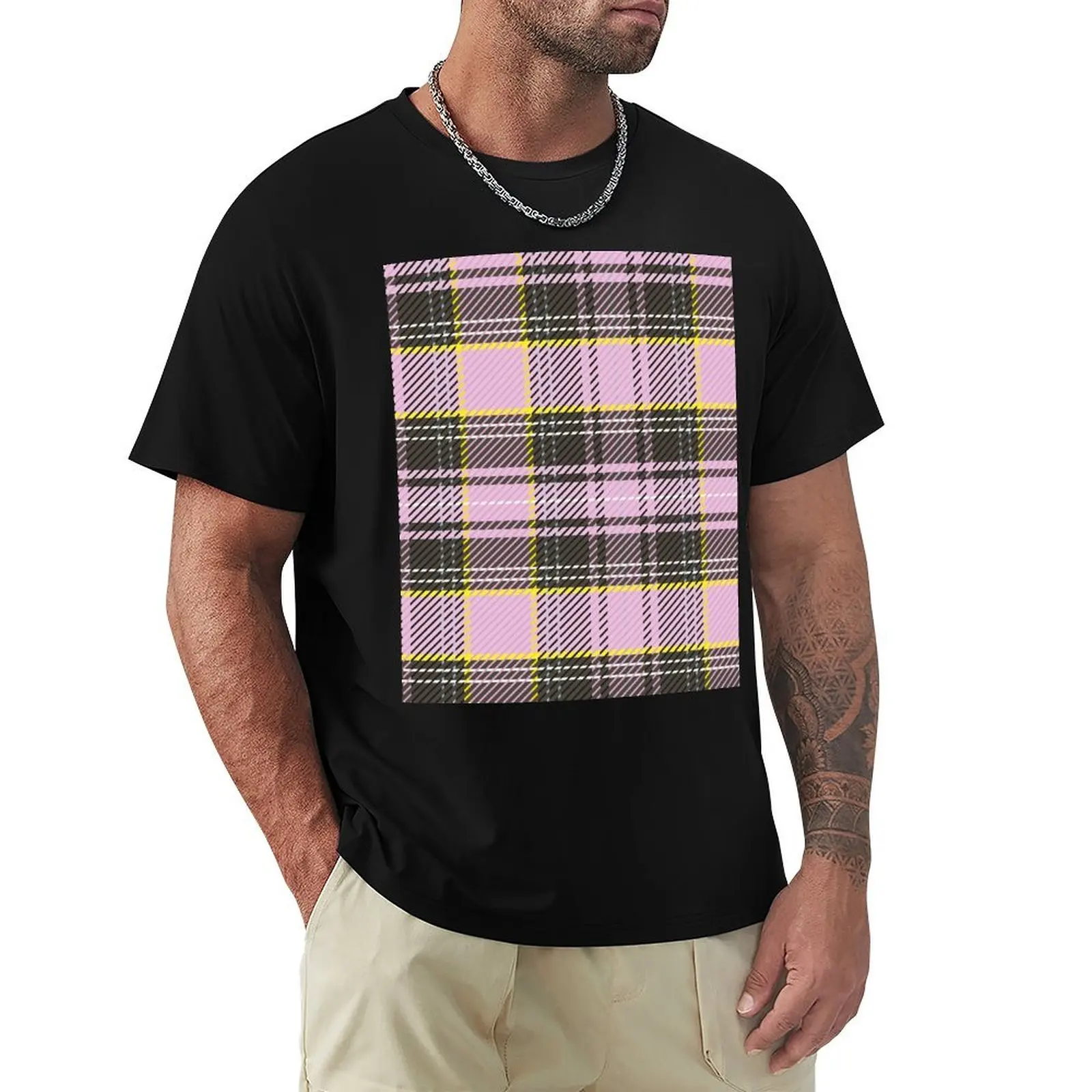 

Pastel pink, yellow, and gray plaid T-Shirt plus size tops aesthetic clothes cotton t shirt men