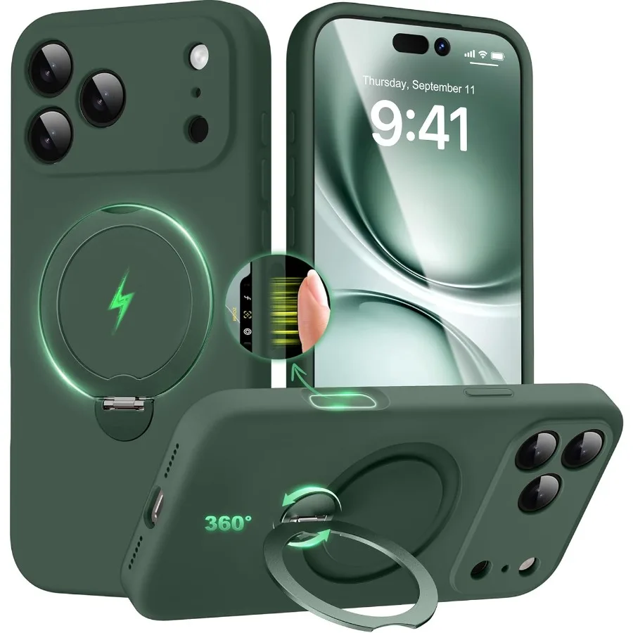 حافظة بحامل مغناطيسي 360 درجة باللون الأخضر العسكري لهاتف آيفون 17 برو ماكس 6.9 بوصة مع حماية كاملة للكاميرا وسيليكون سائل مقاوم للصدمات D #1