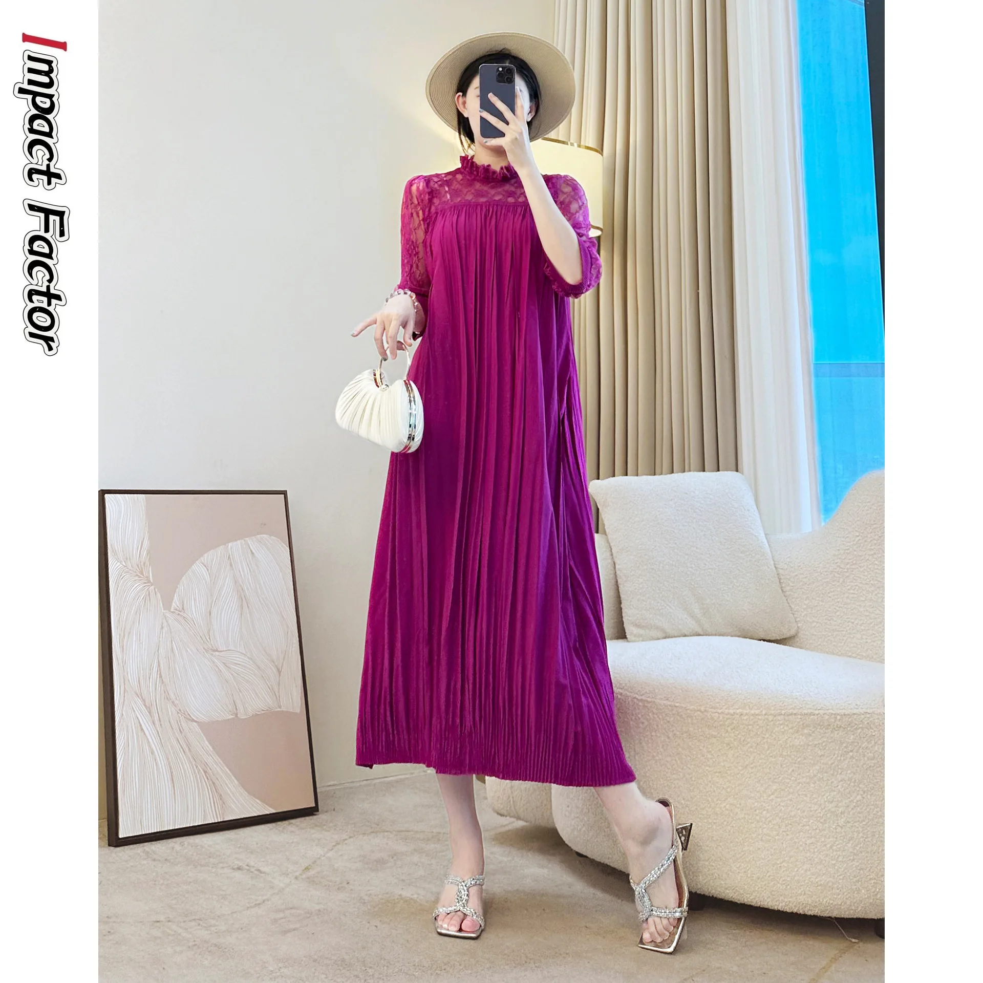 2025 Autumn New Fashion Solid Color Dress Loose Seven-quarter Sleeve Miyake Pleated Women's Clothing Medium and Long Dress