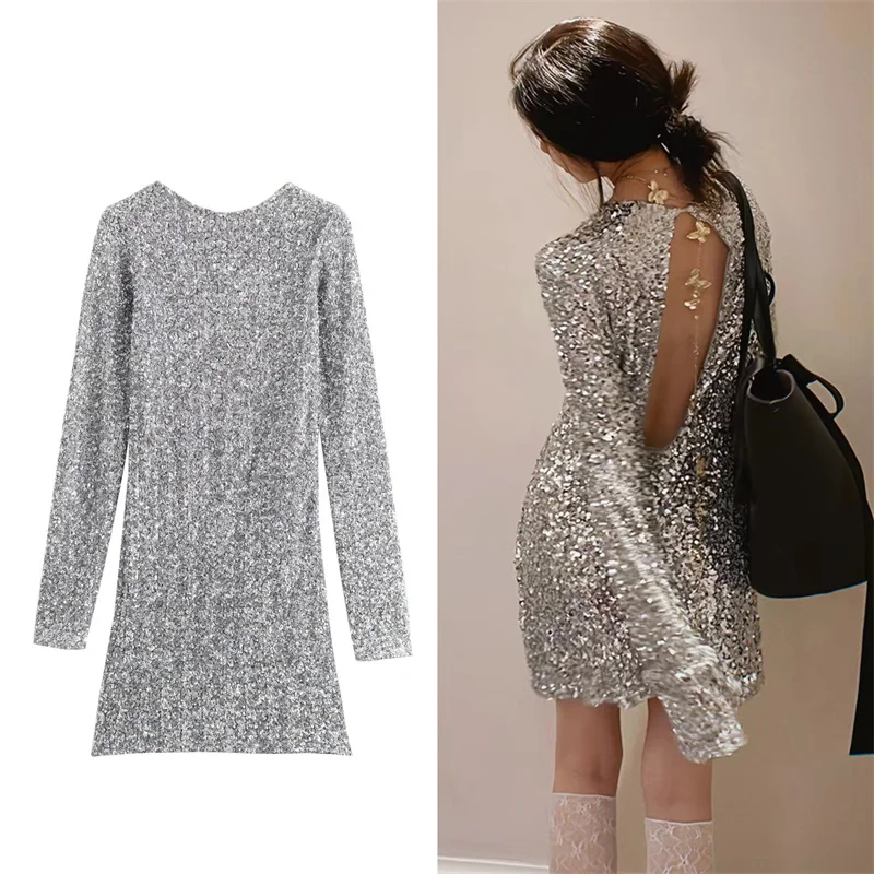 Guobioziy Women's Dress 2026 Fall/Winter New Arrival – European and American Style Sexy Slim Fit Backless Sequin Dress