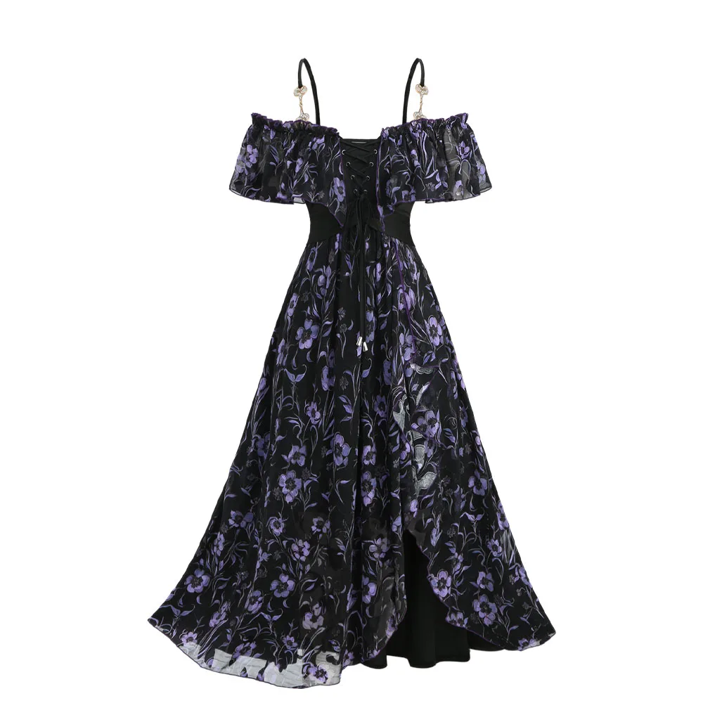 

ROSEGAL Plus Size Cold Shoulder Maxi Dresses 2026 New Flowers Printed Ruched Ruffles Grommets Lace Up Tulip Hem Dress Vestidos