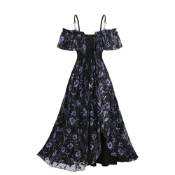 ROSEGAL Plus Size Cold Shoulder Maxi Dresses 2026 New Flowers Printed Ruched Ruffles Grommets Lace Up Tulip Hem Dress Vestidos