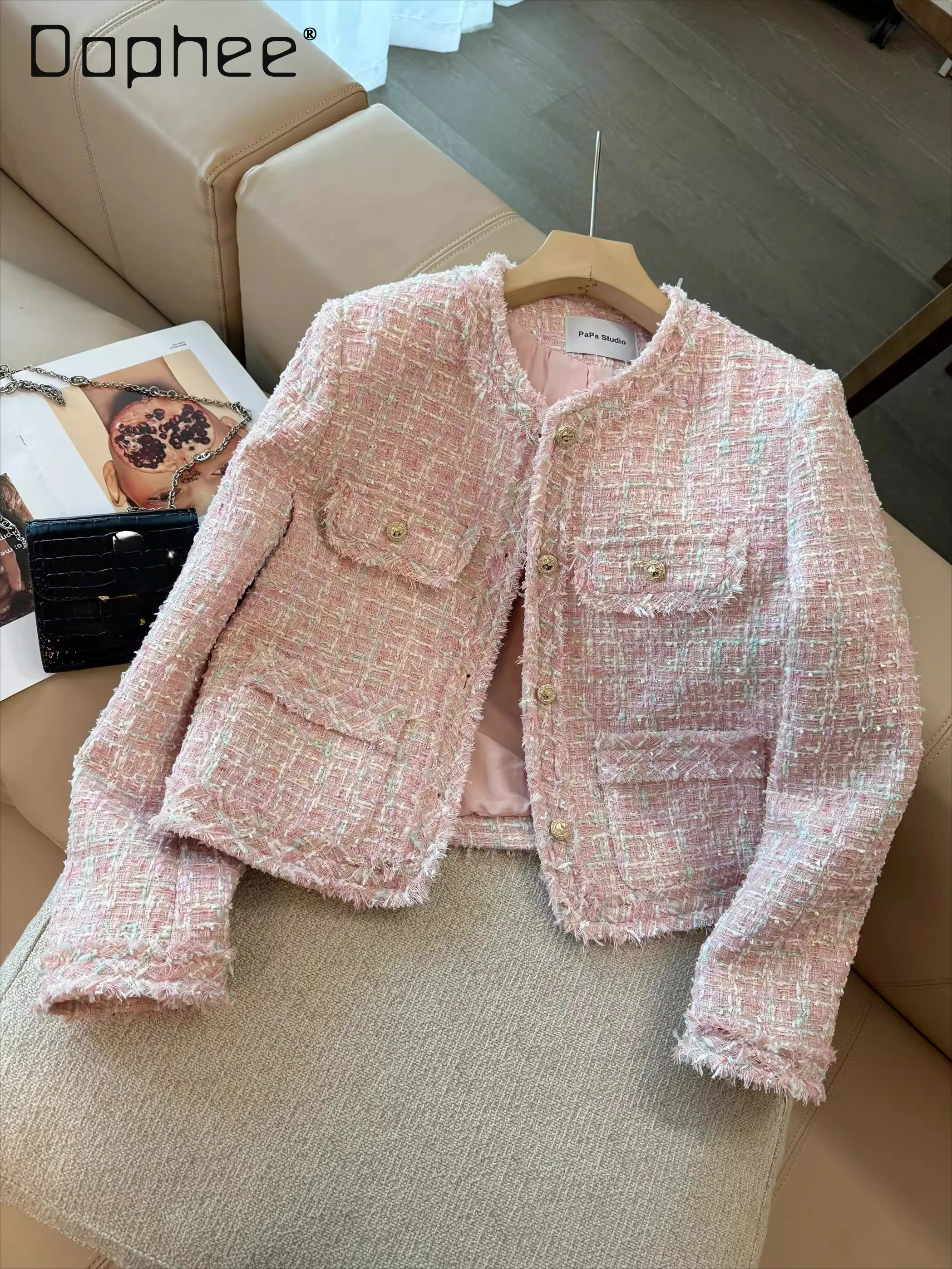 

Spring Autumn French Temperament Sweet Pink Tassels Tweed Jacket Commuter Style Single-breasted Loose Casual Jackets for Women