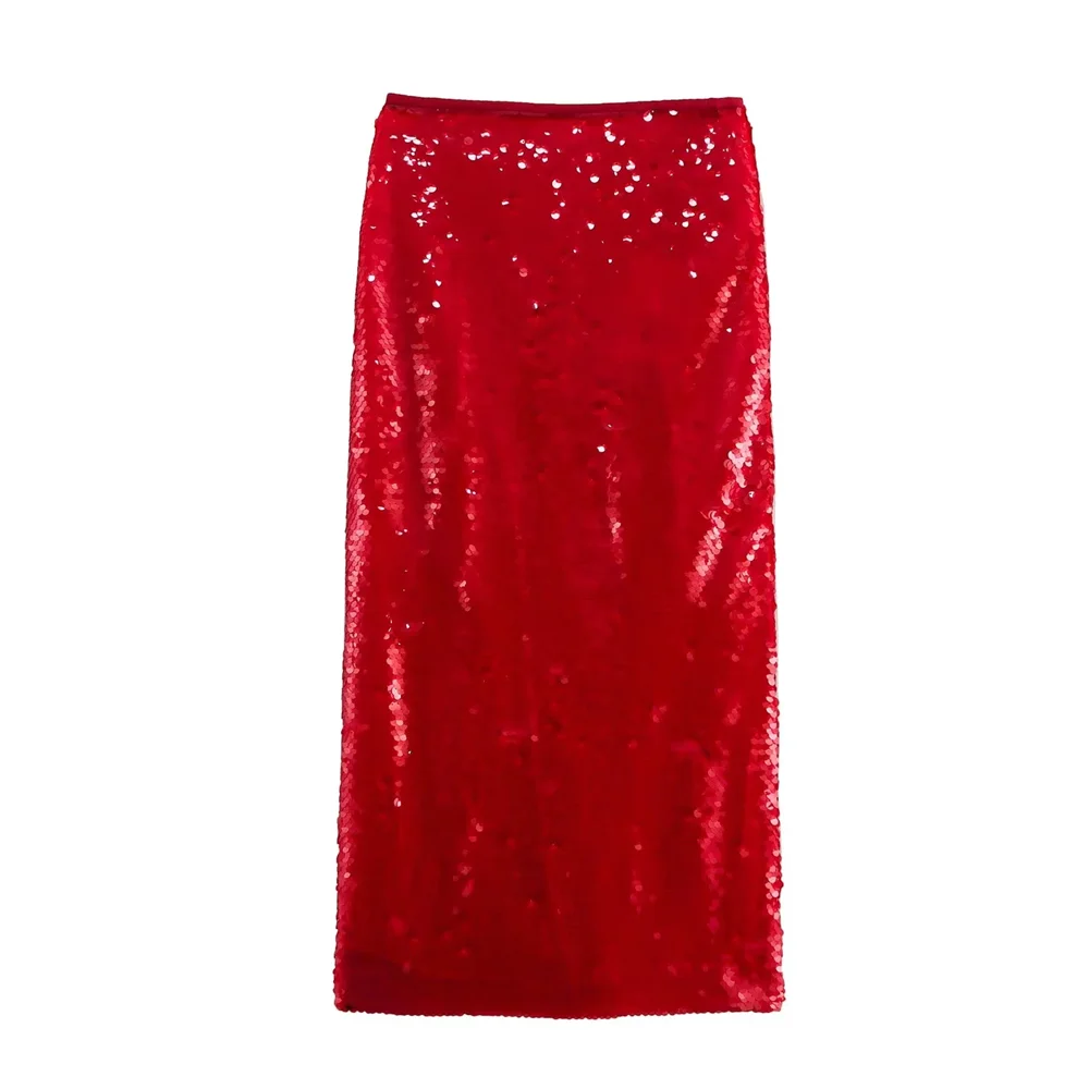 Taop&Za 2024 casual all-match high waist sequined slit design red straight skirt winter new women's clothing