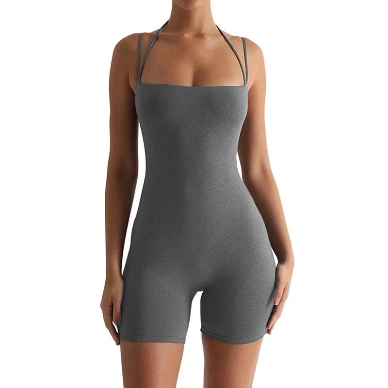 Zwarte Jumpsuit Voor Dames 2024 Uit Één Stuk Gebreide Zomerspaghettibandjes Halterhals Rompertjes Actief Trainen Casual Outfits