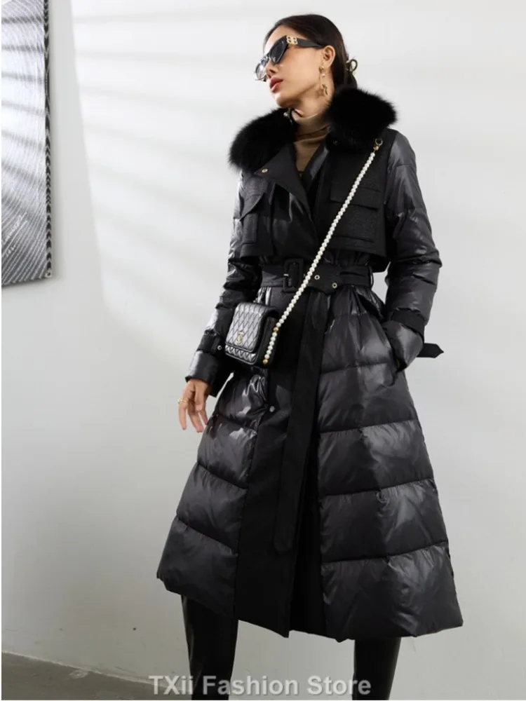 TXii Fashion Women Winter Wool Coats 2023 New Lady Fashion Trench Coat Fox Fur Collar Down Coat Long Female Outwear