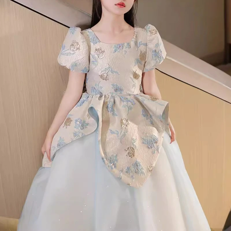 Customized High End Luxury Spliced Design Princesses Gown Square Collar Short Sleeve A-line Glower Girl Vestidos Slim Fit A-line