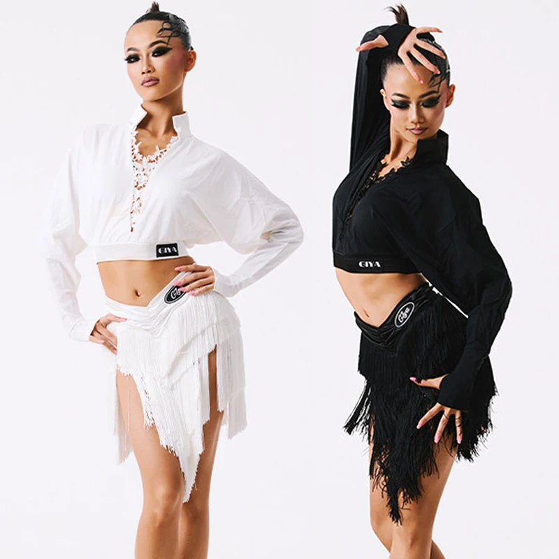 

Женские костюмы для соревнований по бальным танцам самбы, костюмы для взрослых, чача, костюмы для латинских танцев, топ с длинными рукавами, юбки с бахромой для латинских танцев, SL14839