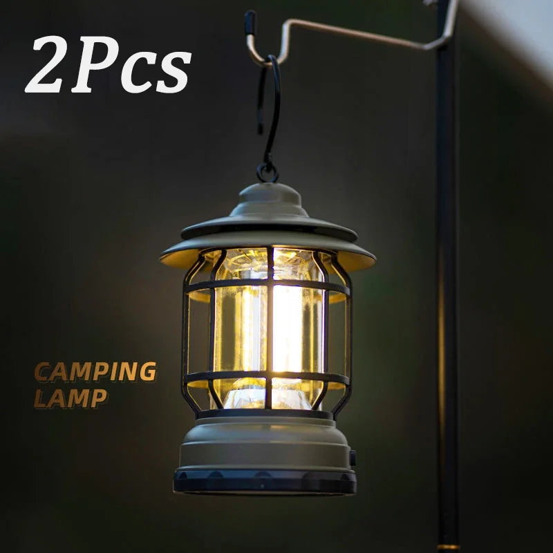 Camping Lantern USB Rechargeable Battery Powered Retro Camping Light Waterproof Hanging LED Tent Lamp for Hiking Fishing 2/1PCS