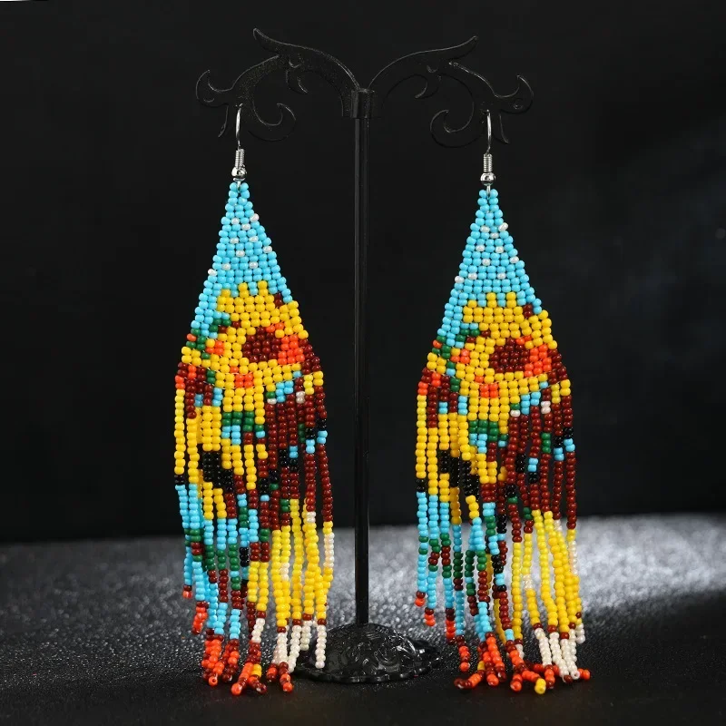 

Rice Bead Earrings Hand Weaving Beaded Broken Flower Leopard Print Retro Bohemia Geometry Ma'am Tassel Earrings for Women