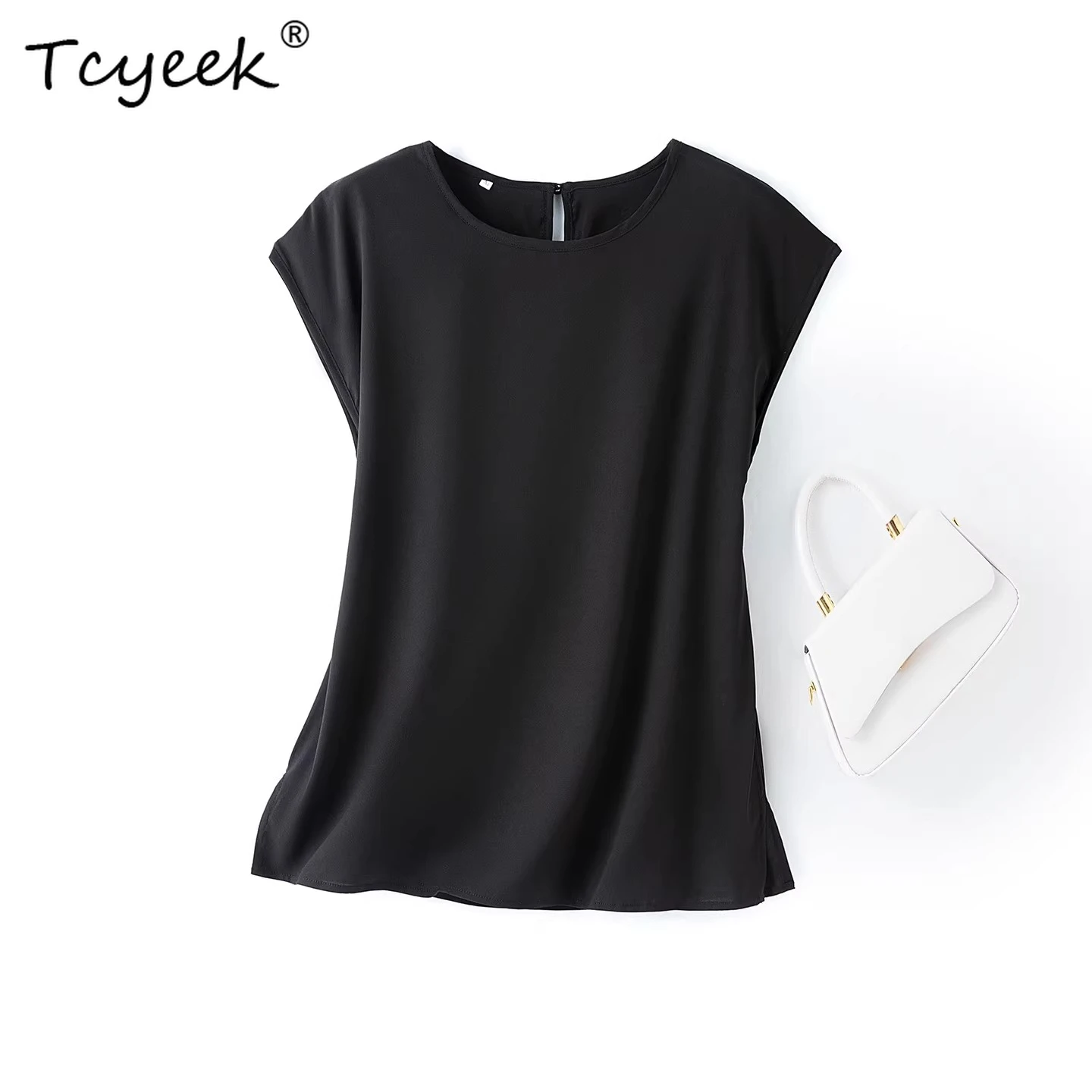 

Женская футболка Tcyeek из 93% шелка тутового шелкопряда, летняя коллекция 2026, элегантный женский топ с коротким рукавом, футболка с круглым вырезом, блузка женская