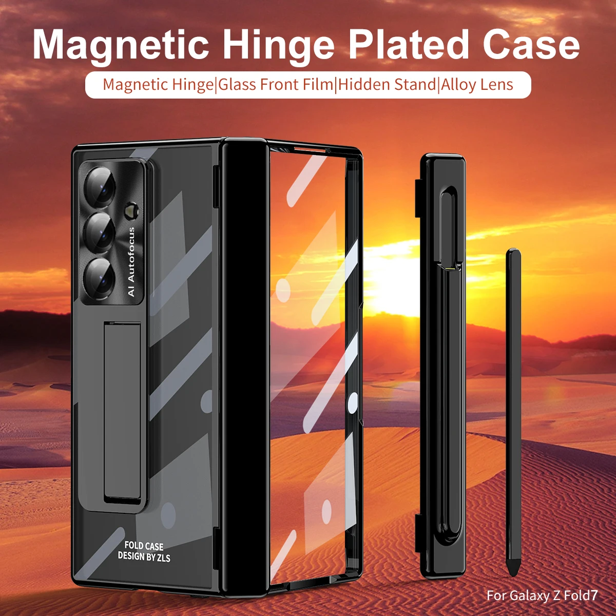 

For Samsung Galaxy Z Fold7 6 5 4 3 Electroplated Magnetic Hinge Standalone Stand Tempered Glass Film Anti-Fingerprint Phone Case