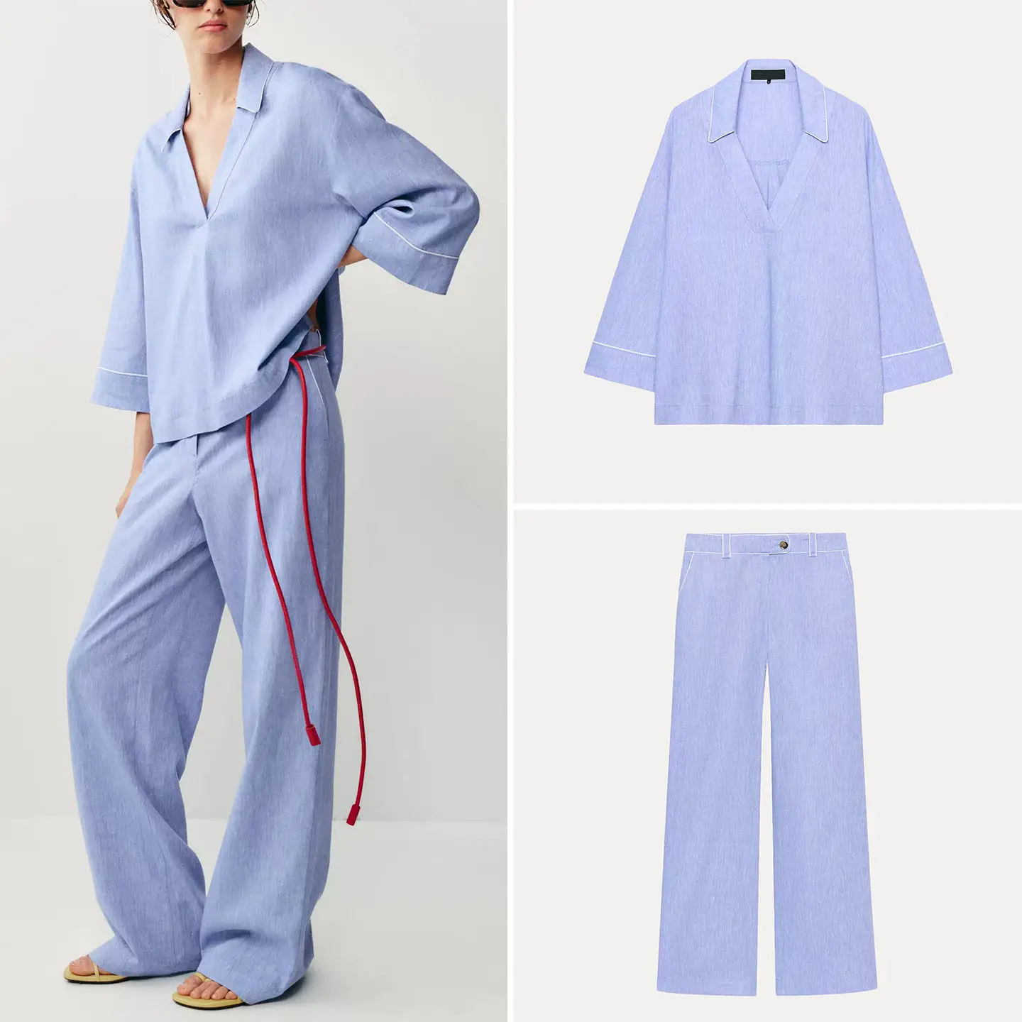 Women's Fashion Shirt with Color Block  Straight Leg Pants Summer Season High Waist Trousers Long Sleeve Turn-down Collar