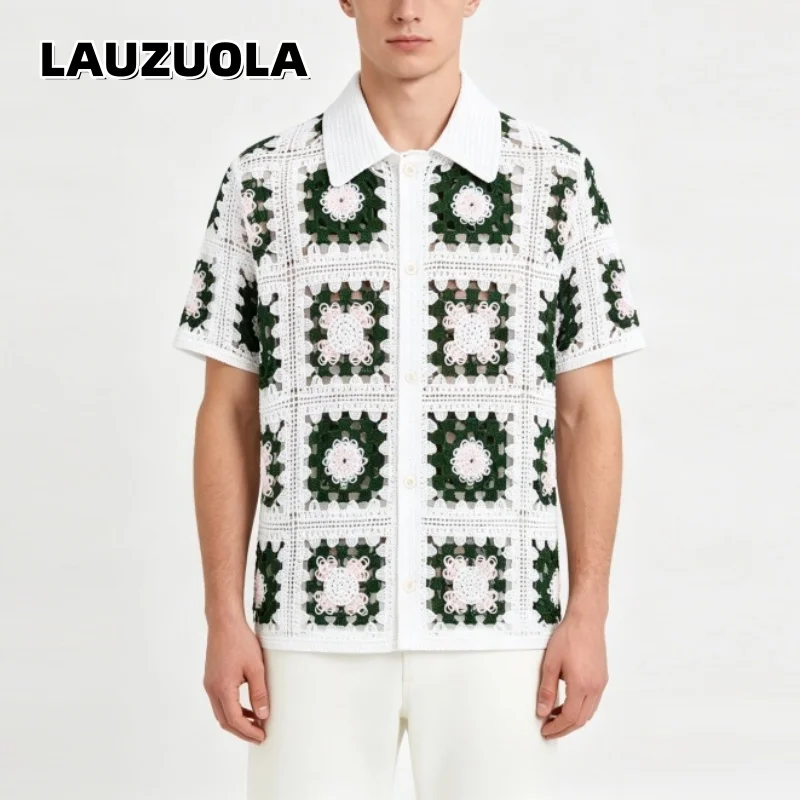 Men Floral Granny Square Crochet Shirt Hollow Openwork Knit Short Sleeve Button Down Cardigan Summer Boho Beach Casual Shirts