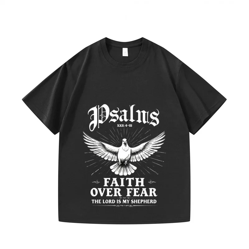 تي شيرت رجالي أسود الإيمان فوق الخوف حمامة طباعة الكتاب المقدس الآية مزمور 23 هالوين زي المحملة القوطية نمط أعلى #1