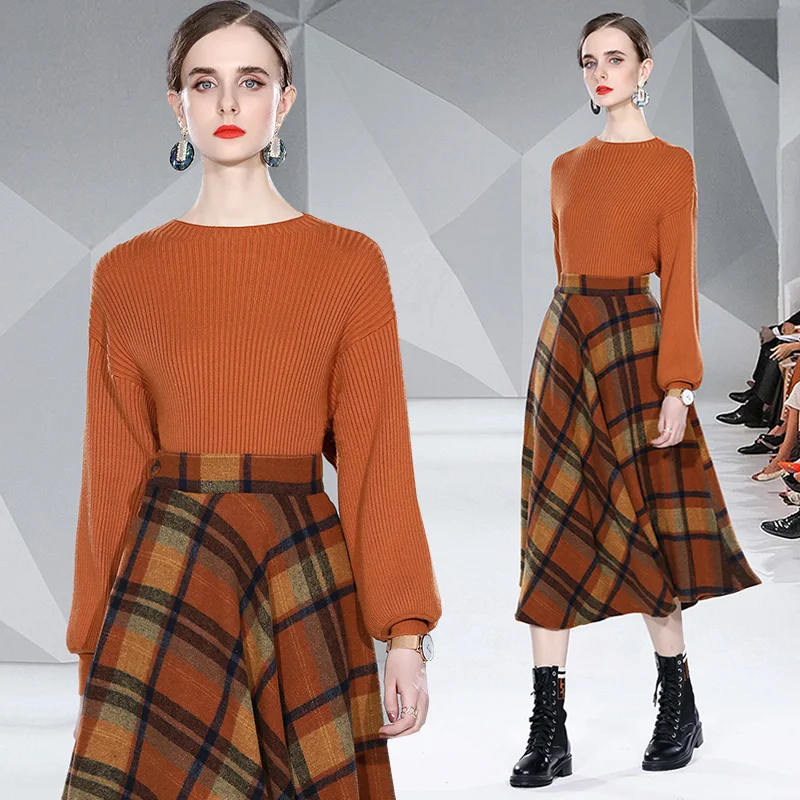 Orange Pullover Long Sleeved Sweater Elegant+woolen Temperament Plaid Skirt Two-piece Women\'s Autumn Clothing Versatile