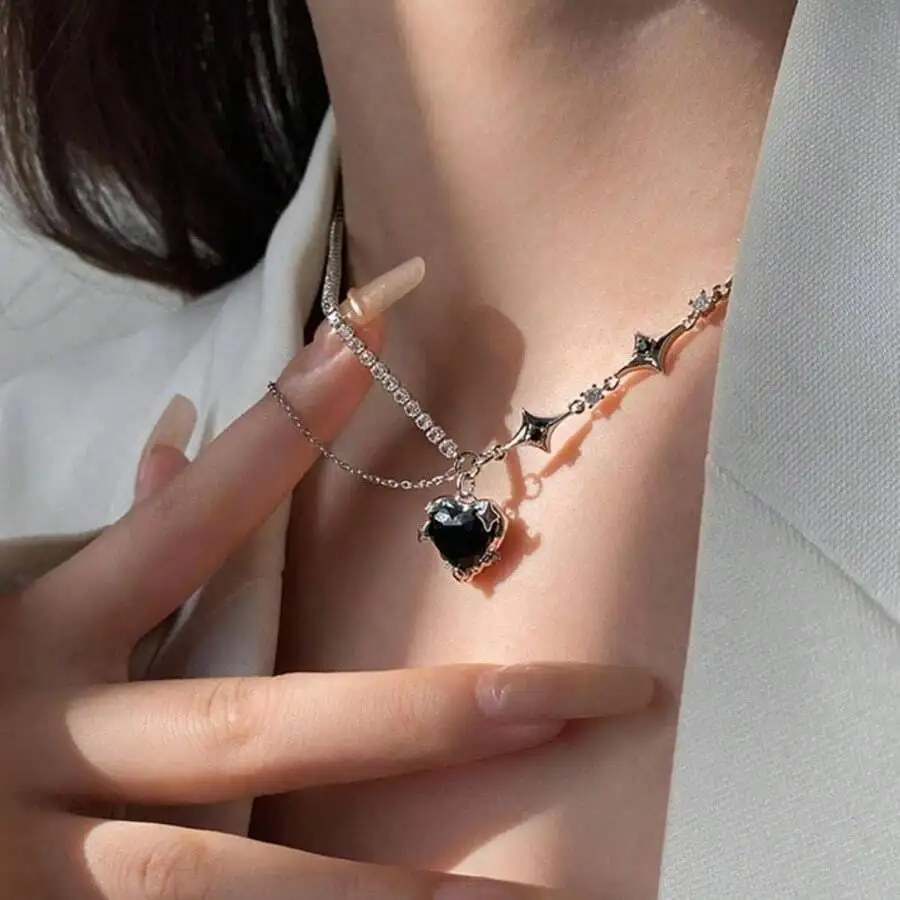 

Asymmetrical Heart Pendant Necklace with Black Stone and Crystal Accents
