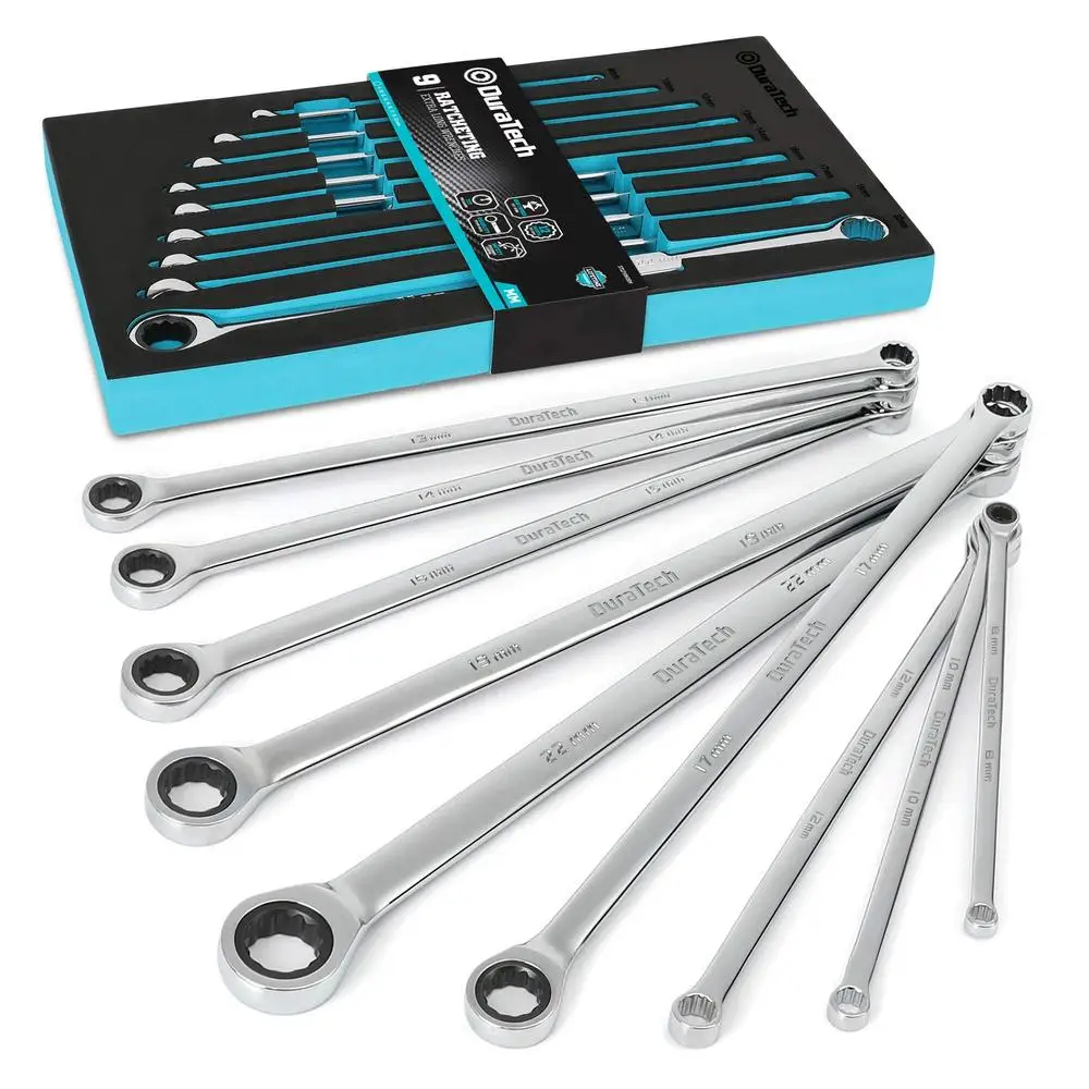 9-Piece Metric Ratcheting Wrench Set CR-V Steel Double Box End 8 10 12 13 14 16 17 19 22 mm EVA Foam Storage Ultra-Long Design