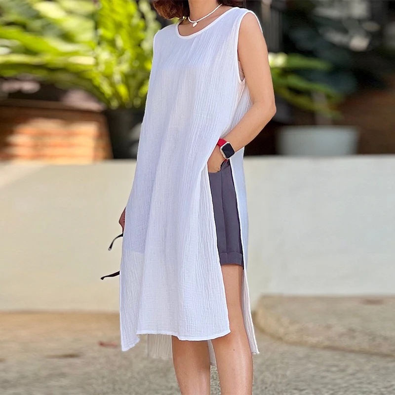 

Muslin T-Shirt For Women 100% Cotton Gauze Summer O-neck Sleeveless Long Robe Side Slit Casual White Tops Streetwear Clothes