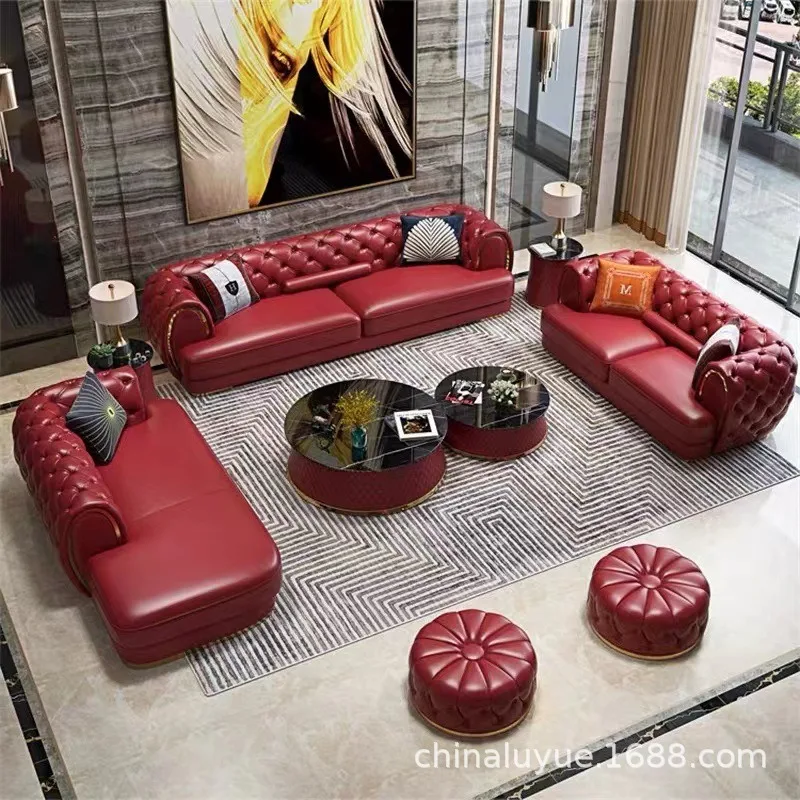 Head light luxury villa sofa 2 + 3 + concubine, Italian simple designer leather buckle furniture sofa combination
