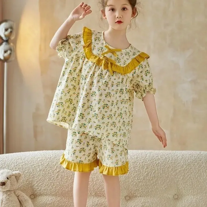 

Girls Floral Bow Shorts and Pajamas Two Piece Set Summer New Sweet and Cute Home Clothing Set Kids Clothes