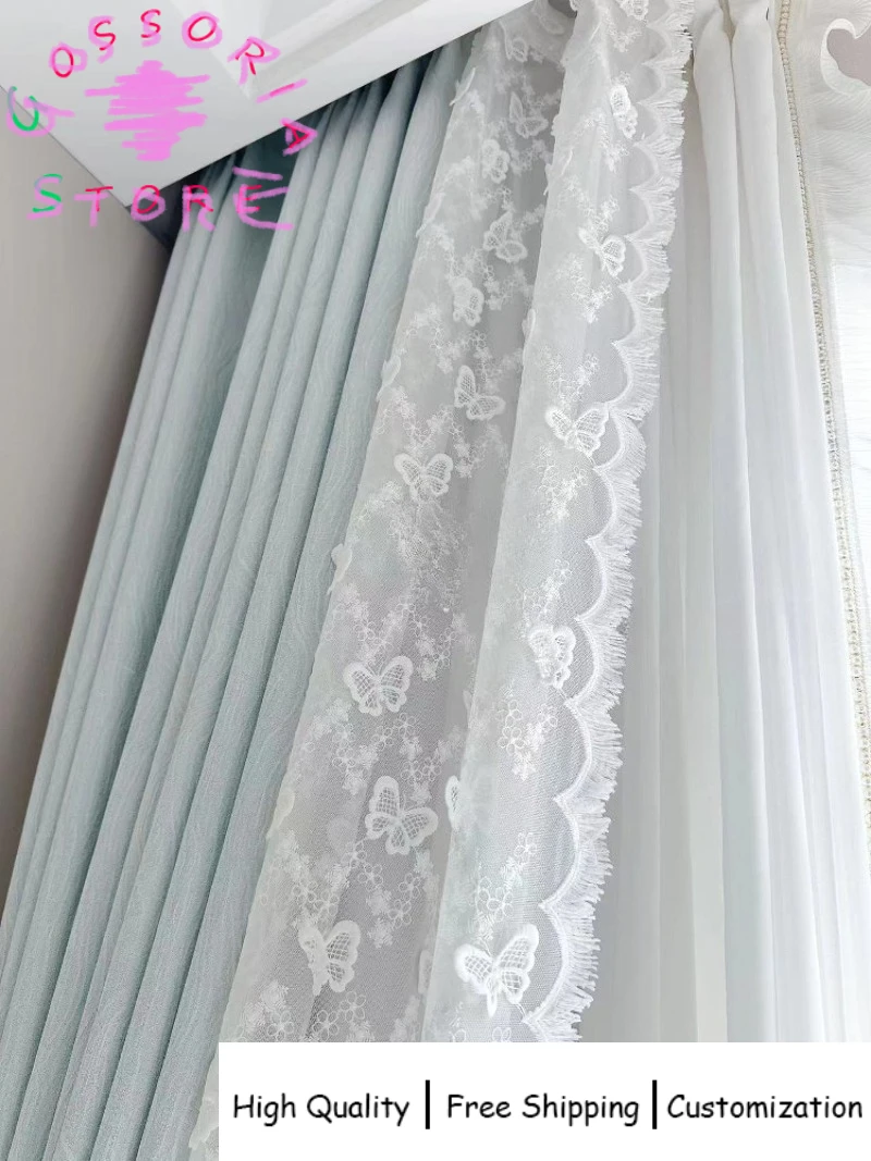 

Sample Custom French Cream Small Fresh Butterfly Embroidered Blue Chenille Jacquard Curtains for Living Room Bedroom Drapes